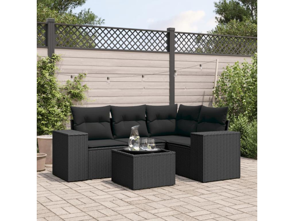 5-piece garden furniture set with cushions, black woven resin