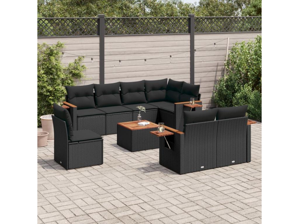 9-piece garden furniture set with cushions, black woven resin