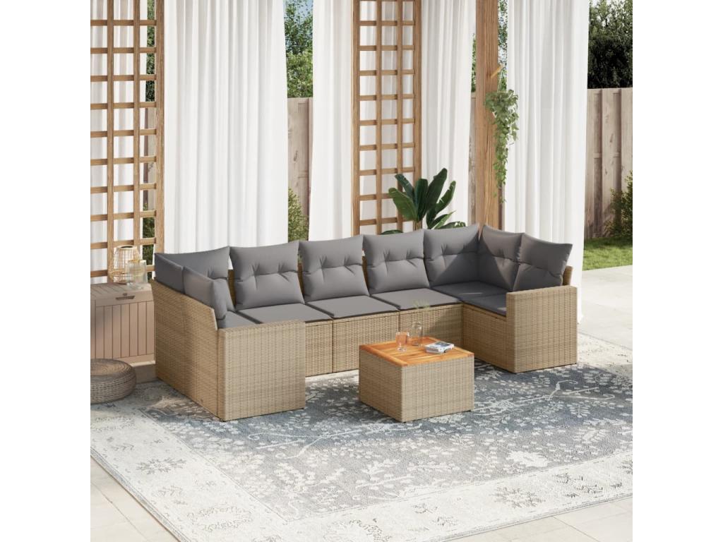 8-piece garden furniture set with cushions, beige resin wicker, by Vertchez