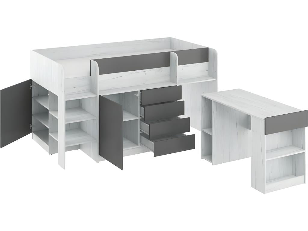 90x200cm Mezzanine Bed with Ladder, Wardrobe, Removable Desk, Bookshelf and Shelves, SMIDA L White Green/Graphite