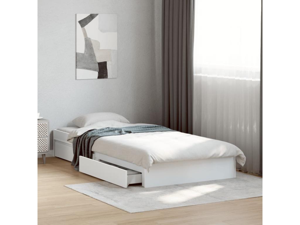 Bed frame with drawers, white, 75x190 cm, engineered wood