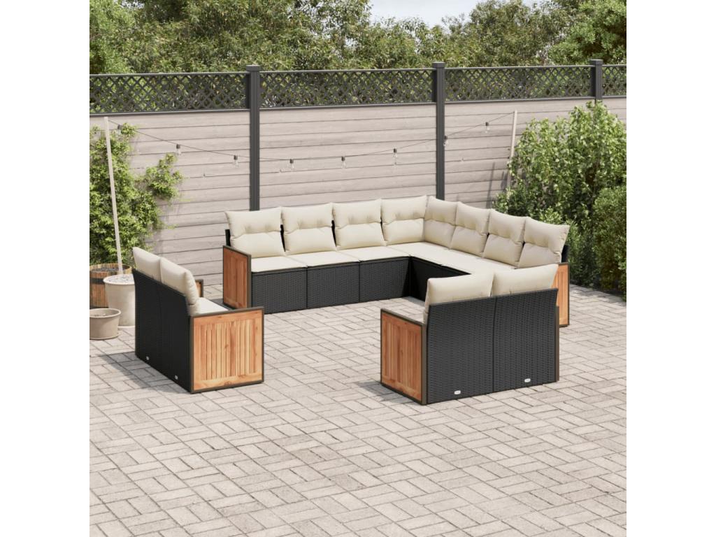 11-piece garden furniture set with cushions, black woven resin