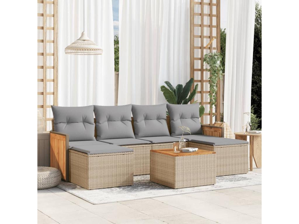 7-piece garden furniture set with cushions, beige woven resin