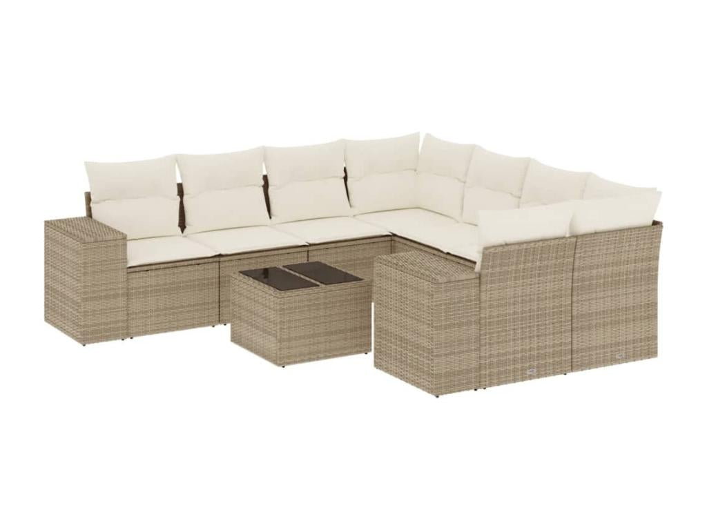 9-piece garden furniture set with cushions, beige woven resin