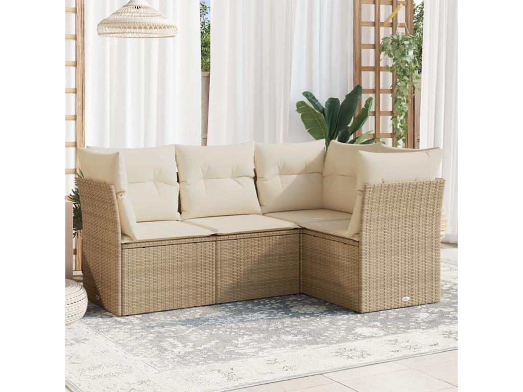 Garden furniture set with cushions, 4 pieces, beige woven resin