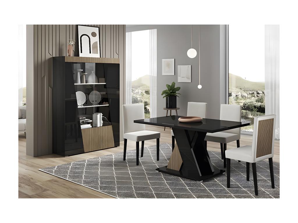 Vertchez - Black Wood Finish Living Room Set with 160cm Table and Display Cabinet with LEDs