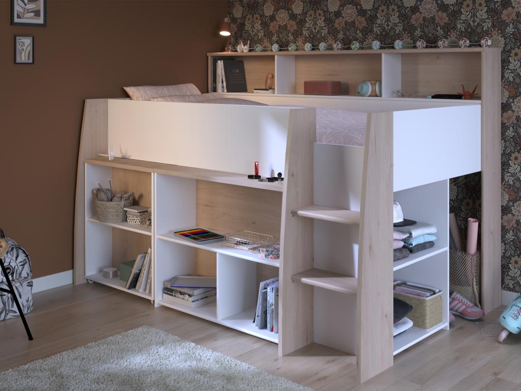 90x200 cm combination bed with desk and storage - White and natural - Meublita