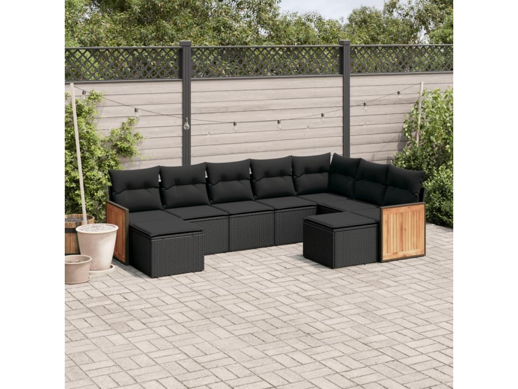 9-piece garden furniture set with cushions, black woven resin
