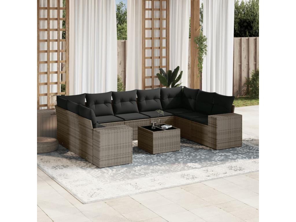 Garden furniture set with 10 cushions, grey woven resin