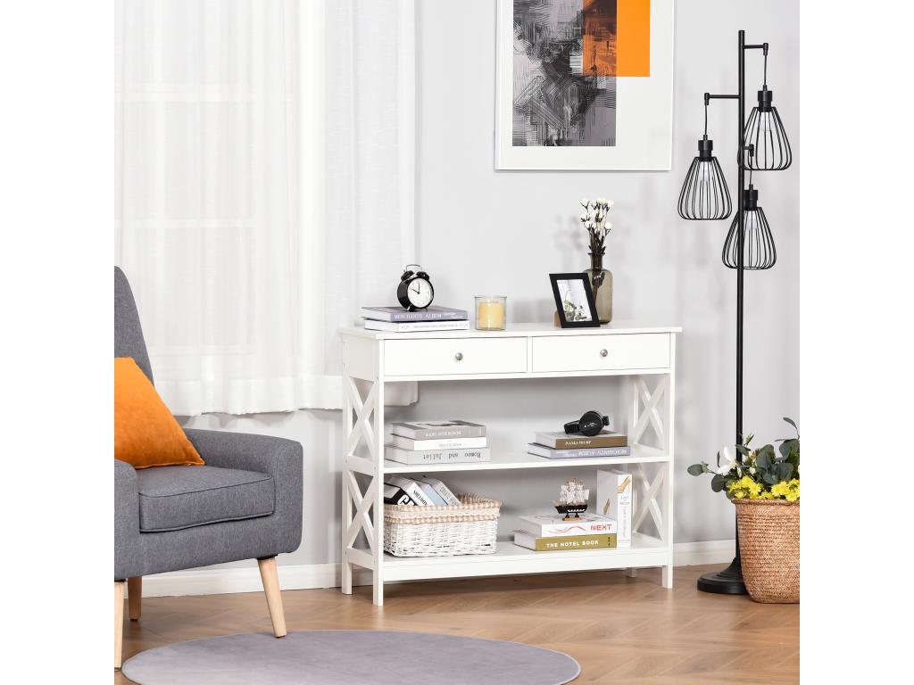 Neo-retro draper's table style console table with 2 drawers and 2 shelves, dimensions: 100L x 30W x 80H cm, white MDF