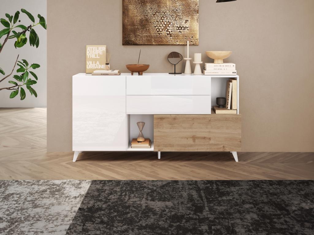 Sideboard with 2 doors, 2 drawers and 2 shelves - Natural and white lacquered - Vertchez