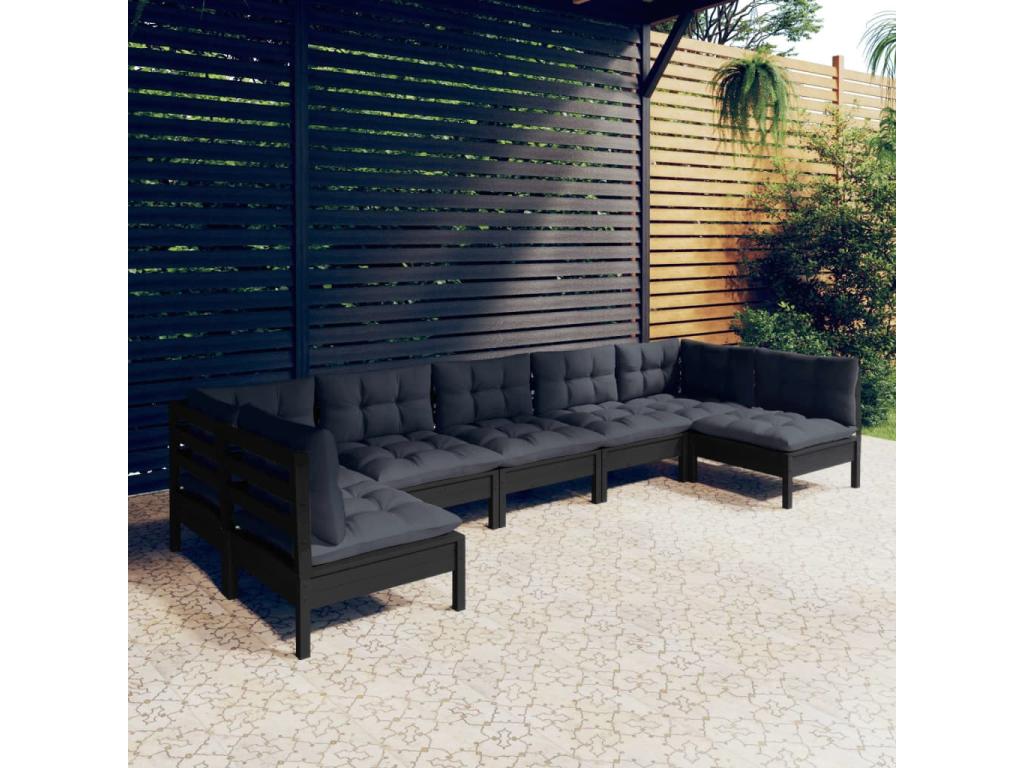 7-piece garden furniture set with cushions, black, solid pine wood