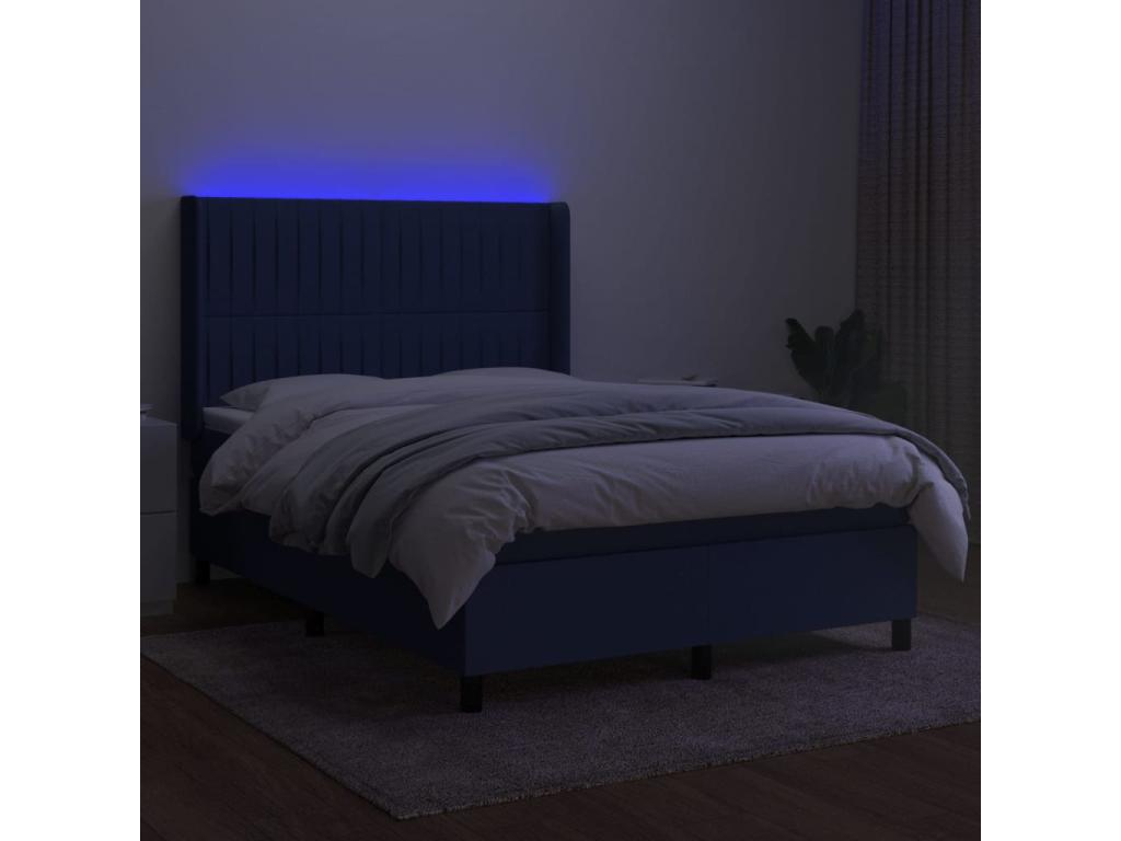 Upholstered bed base with mattress and LED light, blue, 140x190 cm, fabric