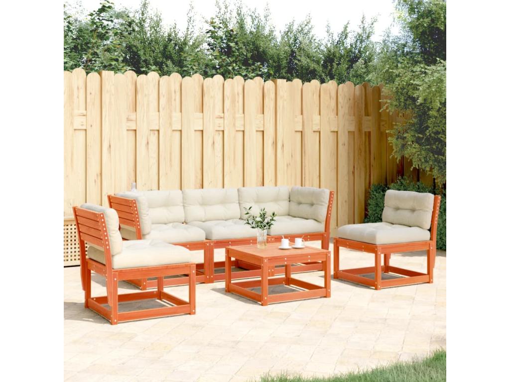 5-piece garden furniture set with cushions, brown wax finish, solid pine wood