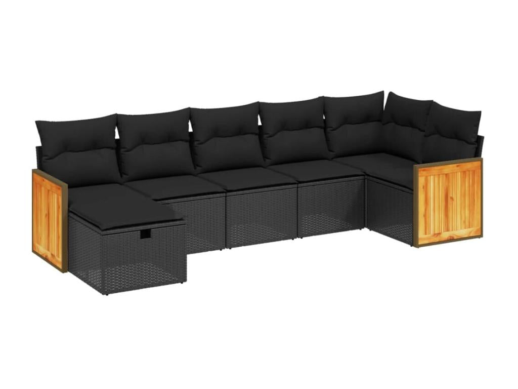 7-piece garden furniture set with cushions, black woven resin