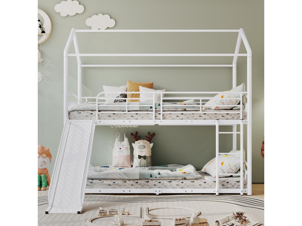 Bunk bed 90x200cm - children's cabin bed with stairs and right-angle ladder with slide - white metal frame