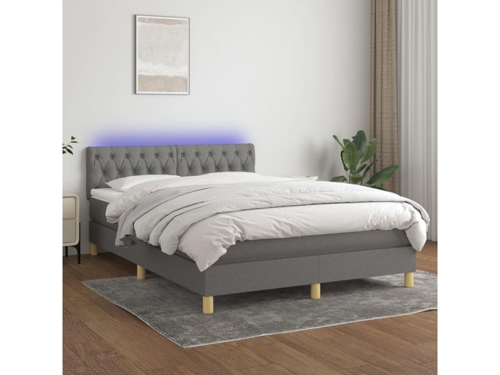 Upholstered bed base and mattress with LED lighting, dark grey, 140x200 cm, fabric