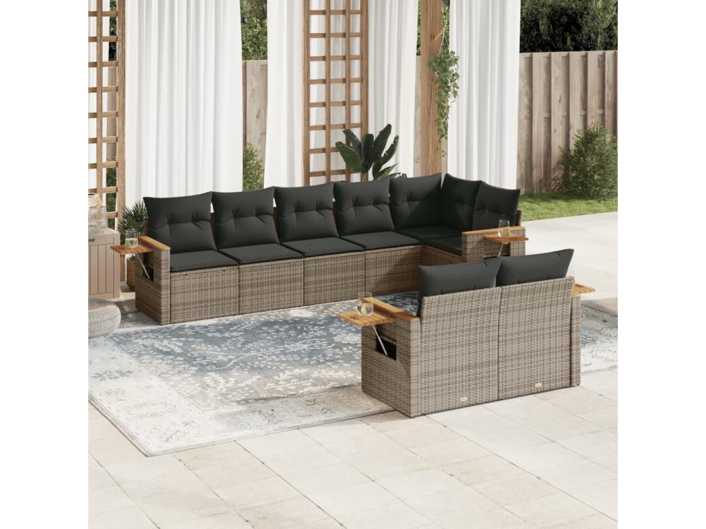 8-piece garden furniture set with grey resin wicker cushions