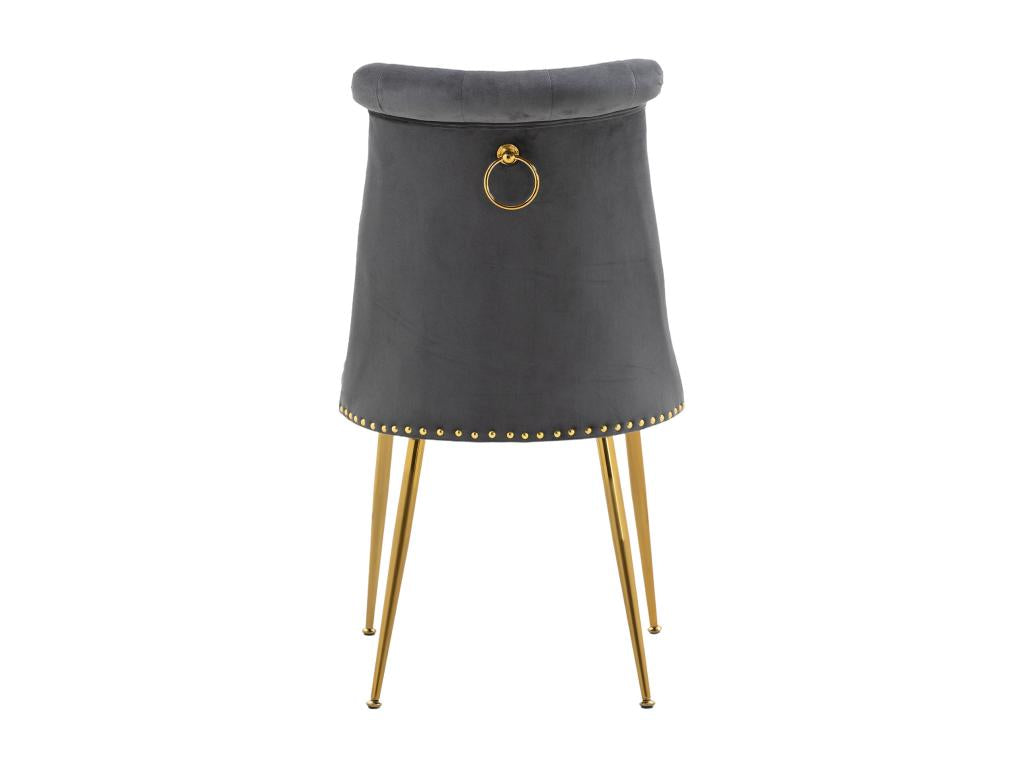 Set of 2 velvet chairs with padded backs and modern, distinctive gold-tone metal legs, 43.9x62x87.6cm, grey