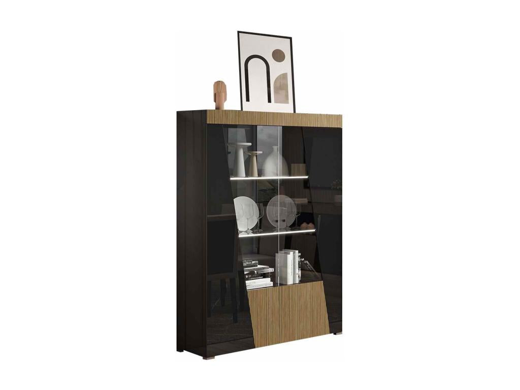 Vertchez - Black Wood Finish Living Room Set with 160cm Table and Display Cabinet with LEDs