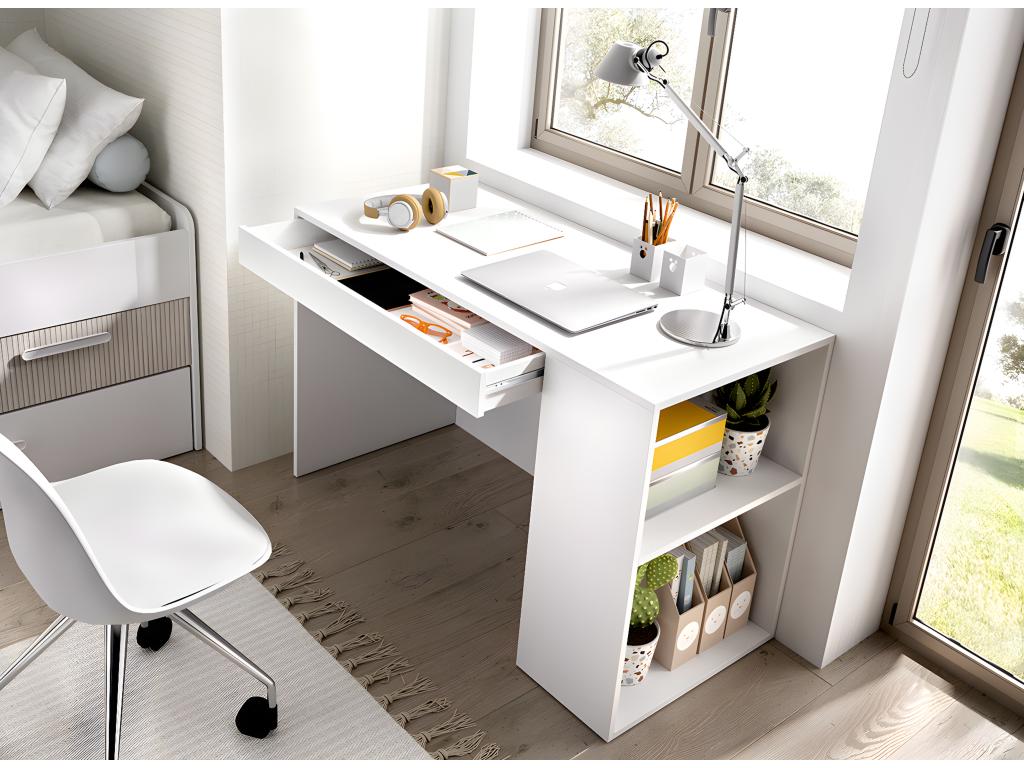 Children's desk/desk in melamine-coated wood with 1 shelf and 1 drawer, white - Length 115 x Depth 50 x Height 74 cm