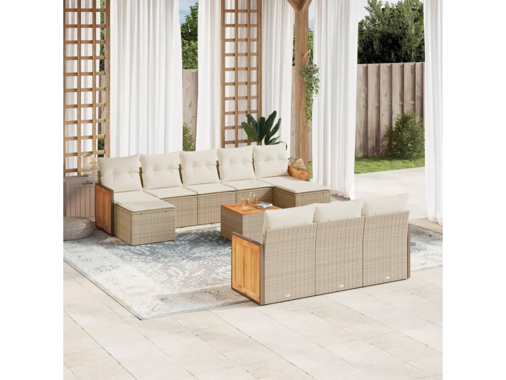 11-piece garden furniture set with beige resin wicker cushions