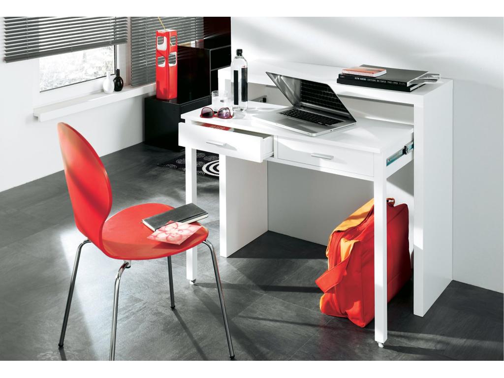 Extendable computer desk with 2 drawers, white