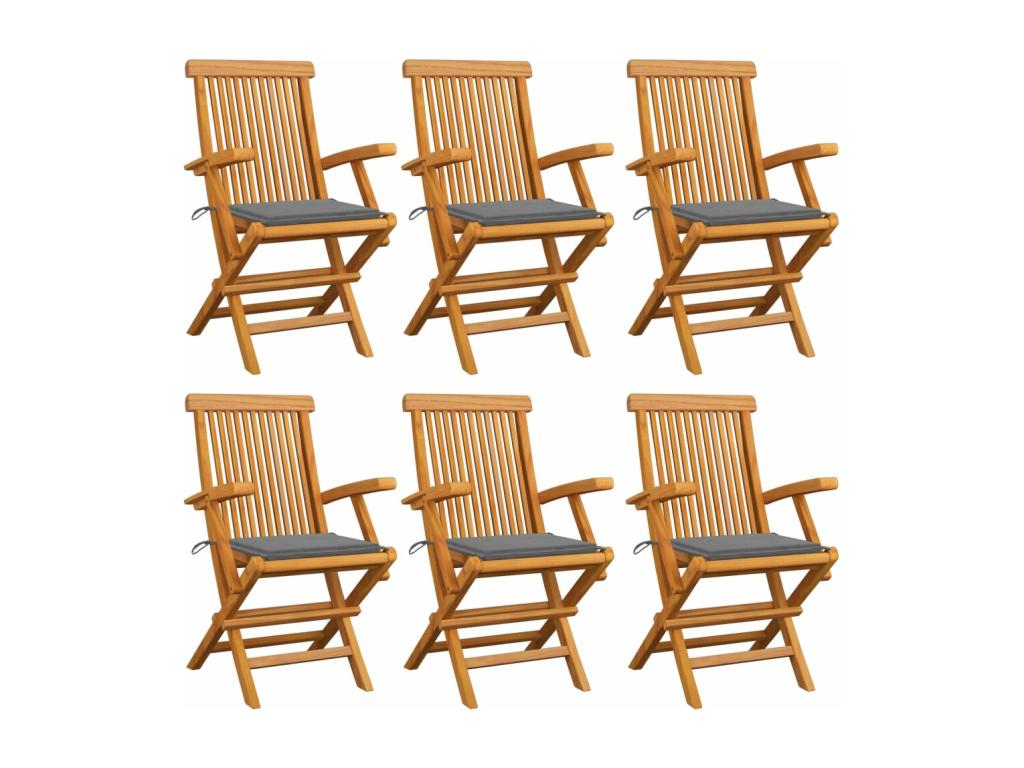 Garden chairs with grey cushions, 6 pieces, solid teak wood