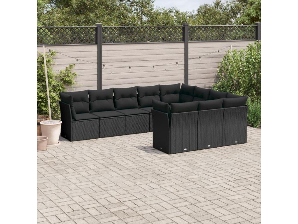 10-piece garden furniture set with cushions, black woven resin