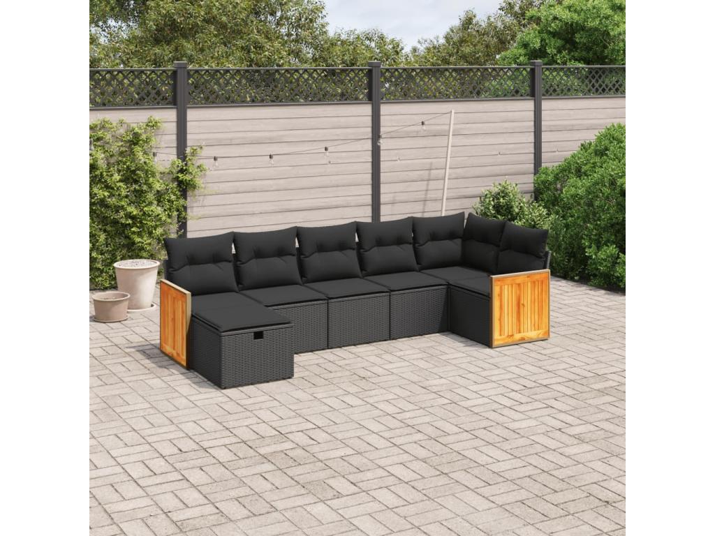 7-piece garden furniture set with cushions, black woven resin