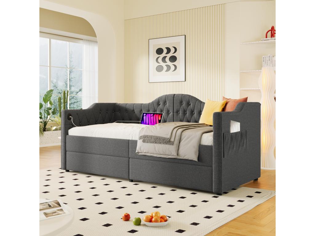 Upholstered sofa bed with storage frame, USB Type-C charging port, and 2 drawers, 90x190 cm, grey linen, mattress not included