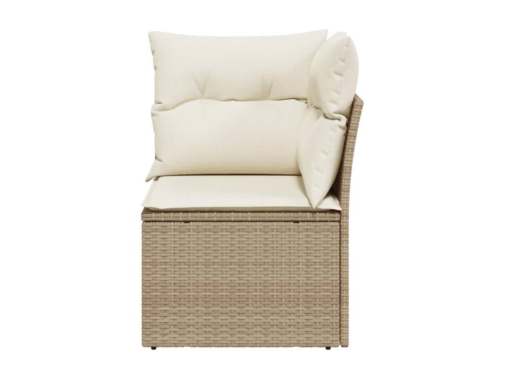 Corner garden sofa with beige cushions, woven resin
