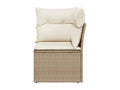 Corner garden sofa with beige cushions, woven resin