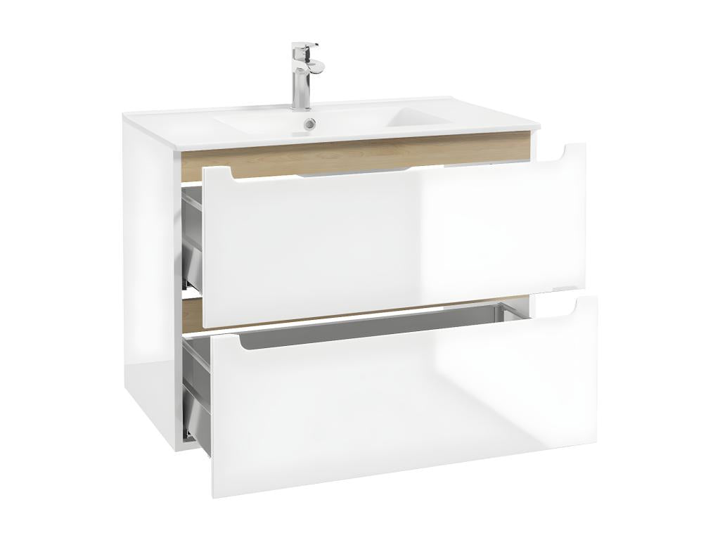 80cm single inset basin vanity unit with 2 drawers and tall cabinet, Vertchez White and Wood