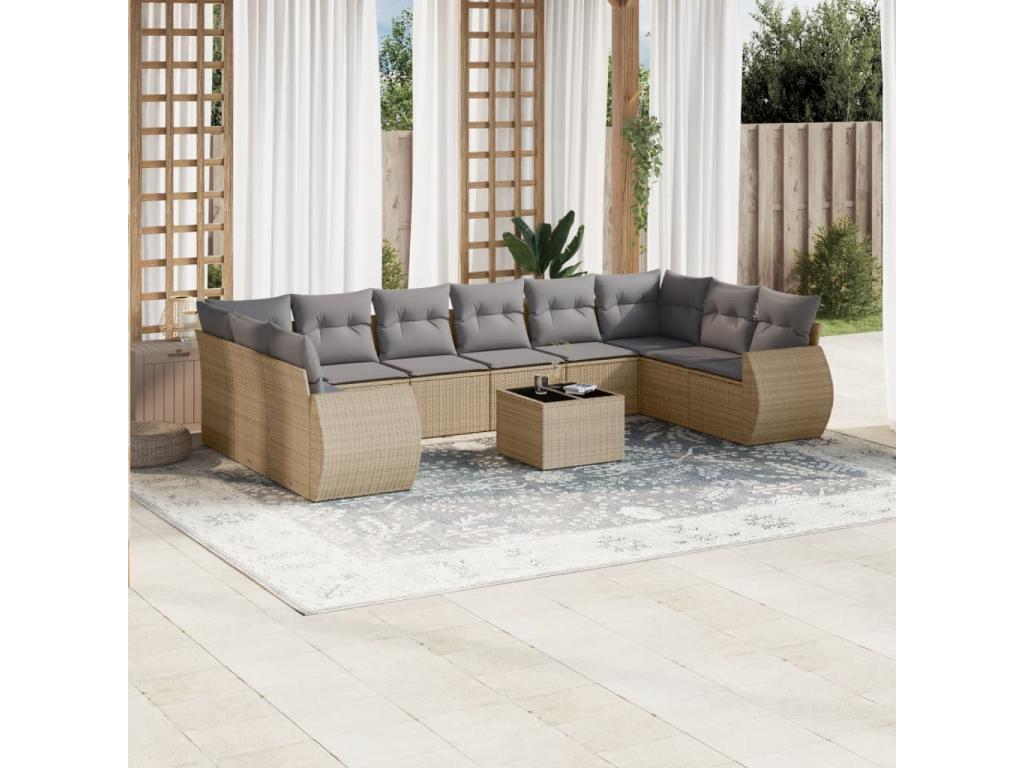 11-piece garden furniture set with beige resin wicker cushions