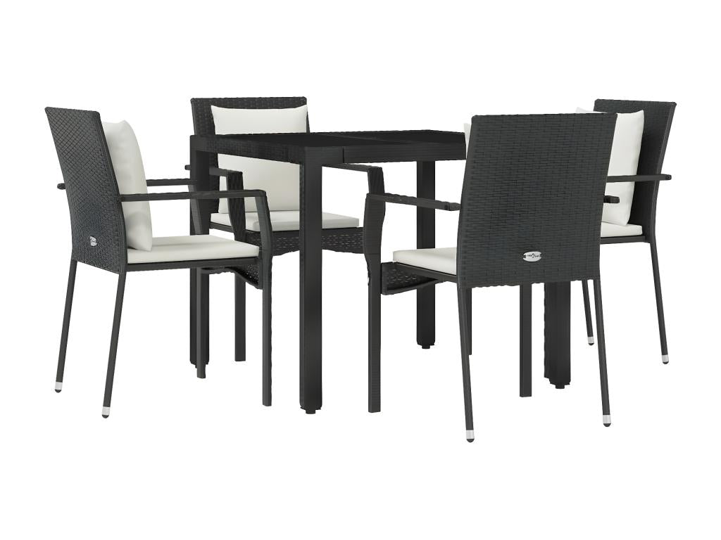 5-piece garden dining set with cushions, black woven resin
