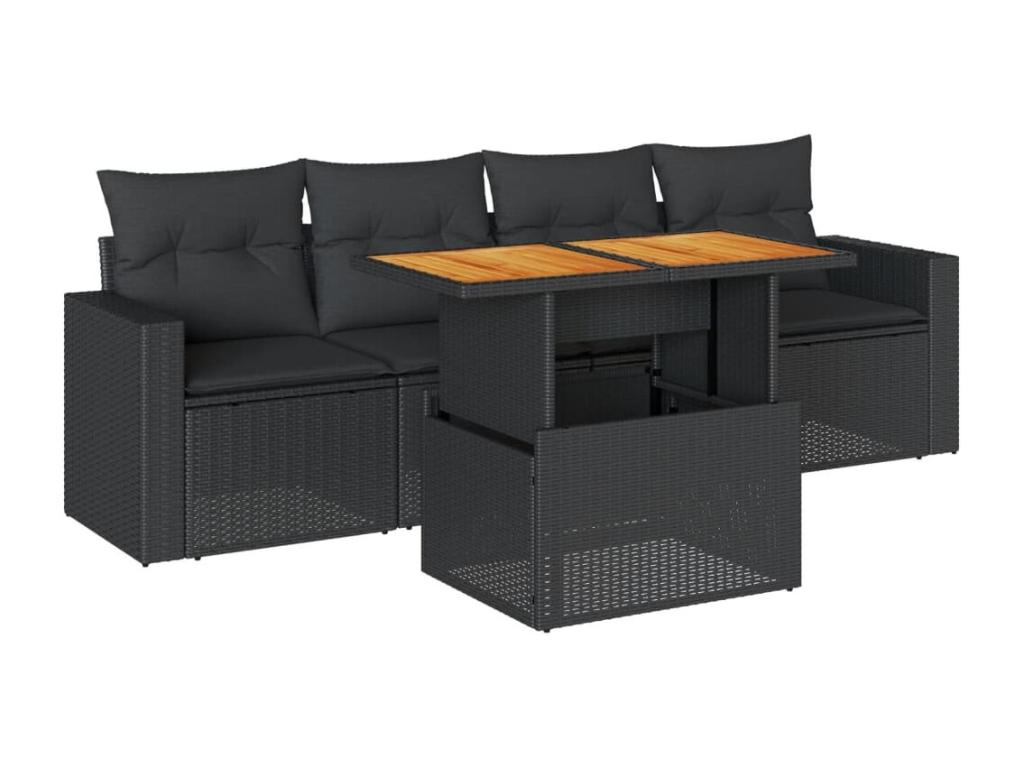 5-piece garden furniture set with cushions, black woven resin