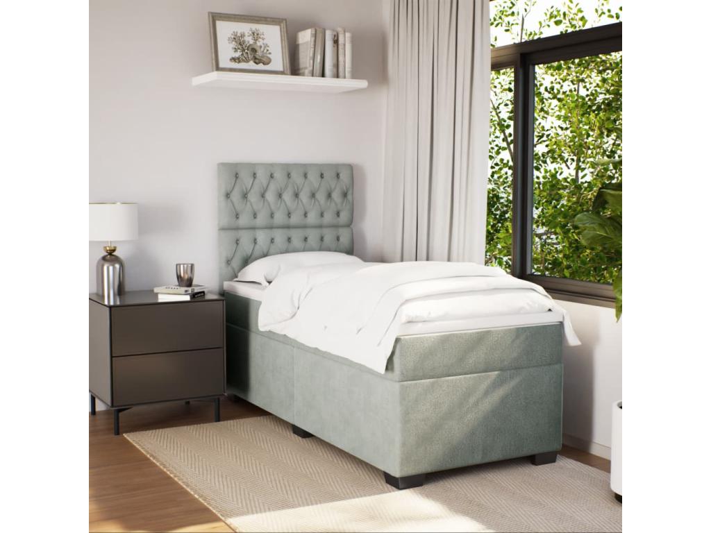 Bed base and mattress in Vertchez, light grey, 80x200 cm, velvet