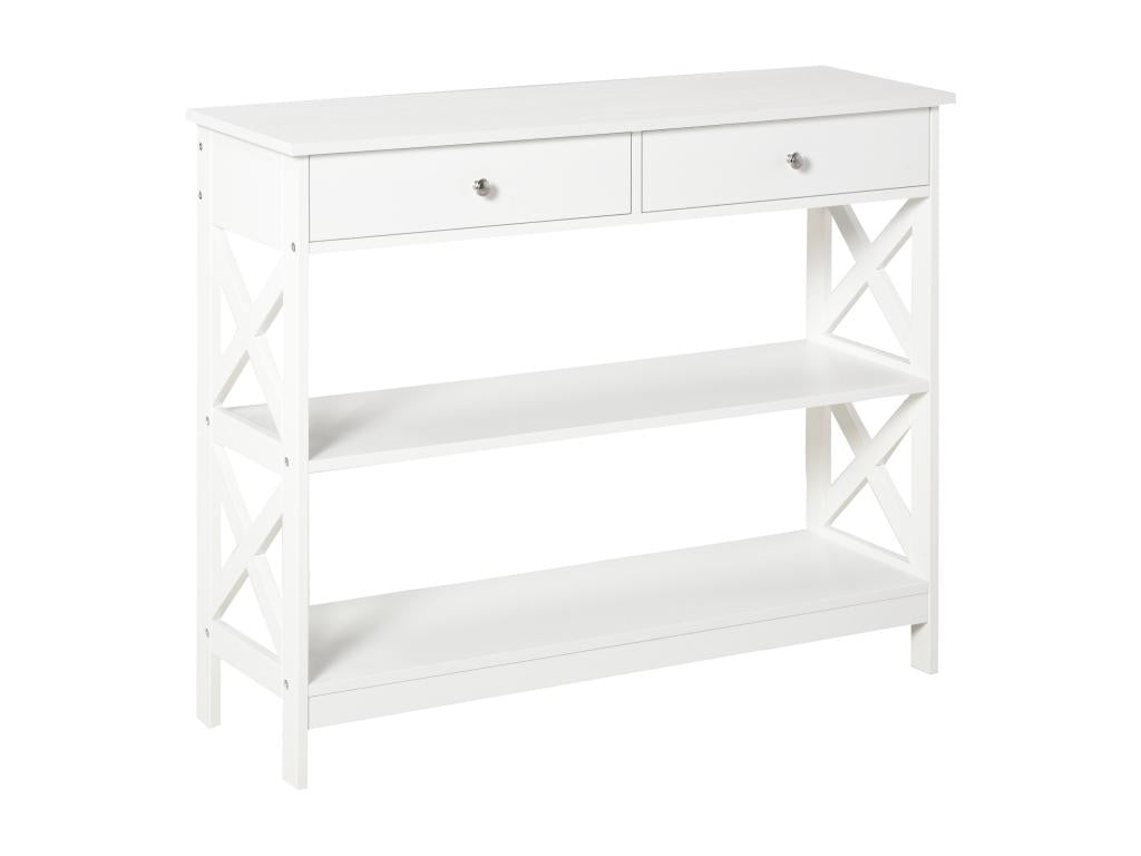 Neo-retro draper's table style console table with 2 drawers and 2 shelves, dimensions: 100L x 30W x 80H cm, white MDF
