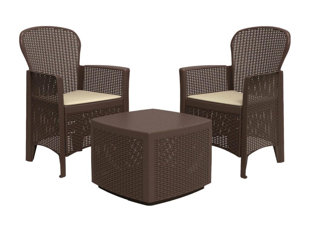 Meublita Outdoor Lounge Set, Garden Composition with 2 Armchairs and 1 Storage Table, Rattan Effect, Made in Italy, Brown