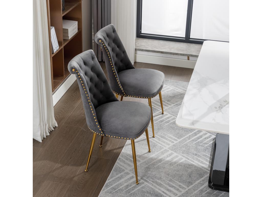 Set of 2 velvet chairs with padded backs and modern, distinctive gold-tone metal legs, 43.9x62x87.6cm, grey