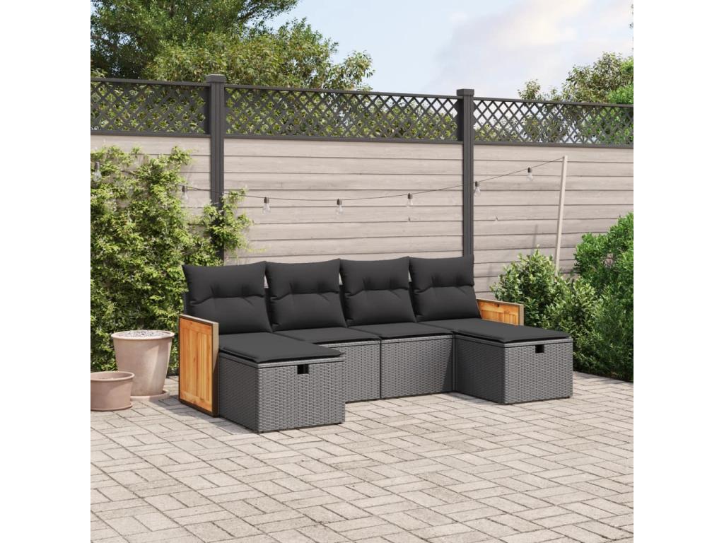6-piece garden furniture set with cushions, black woven resin