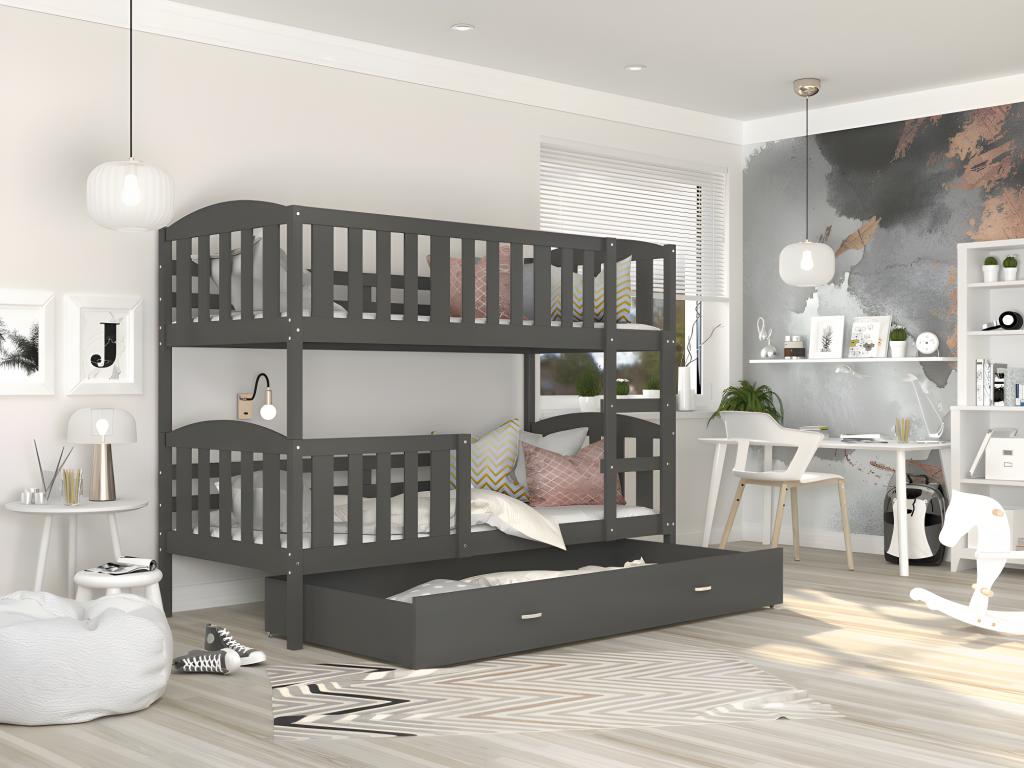 Meublita Bunk Bed 90x190 Grey - grey. Comes with slatted bed bases, drawers, and 7cm foam mattresses.