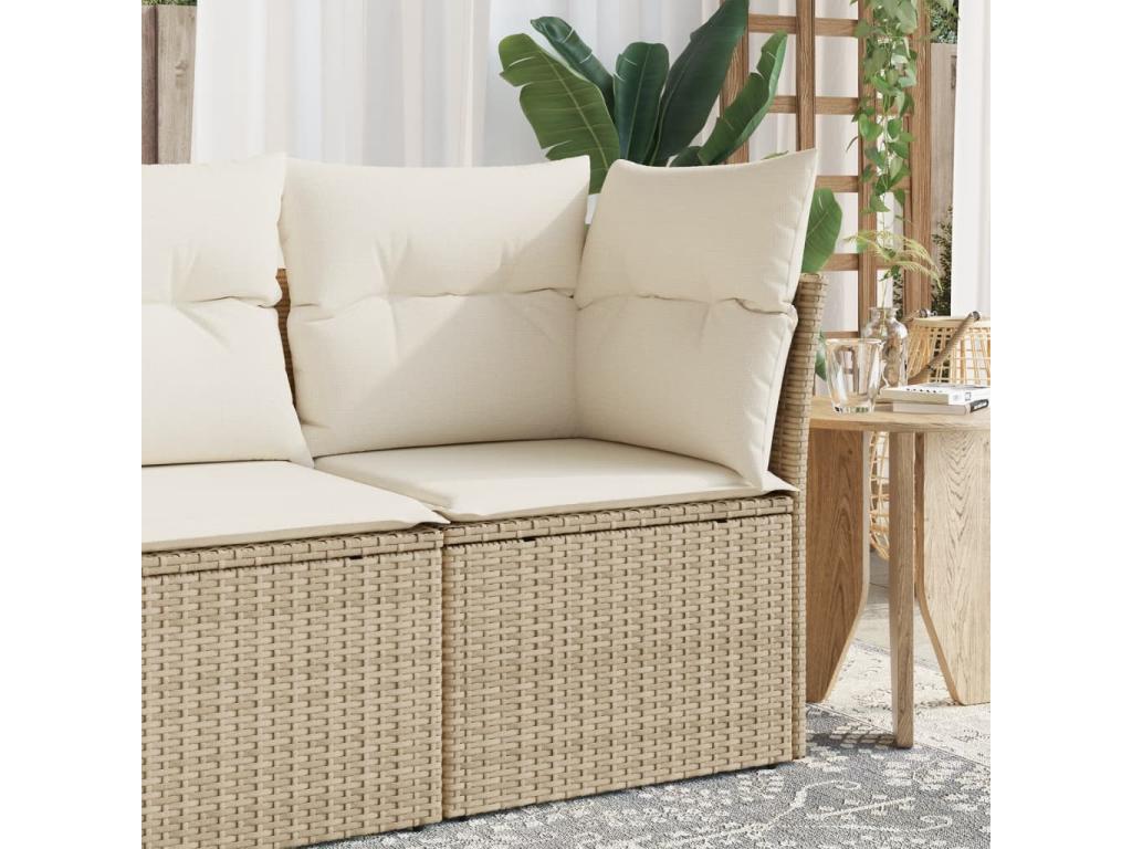 Corner garden sofa with beige cushions, woven resin