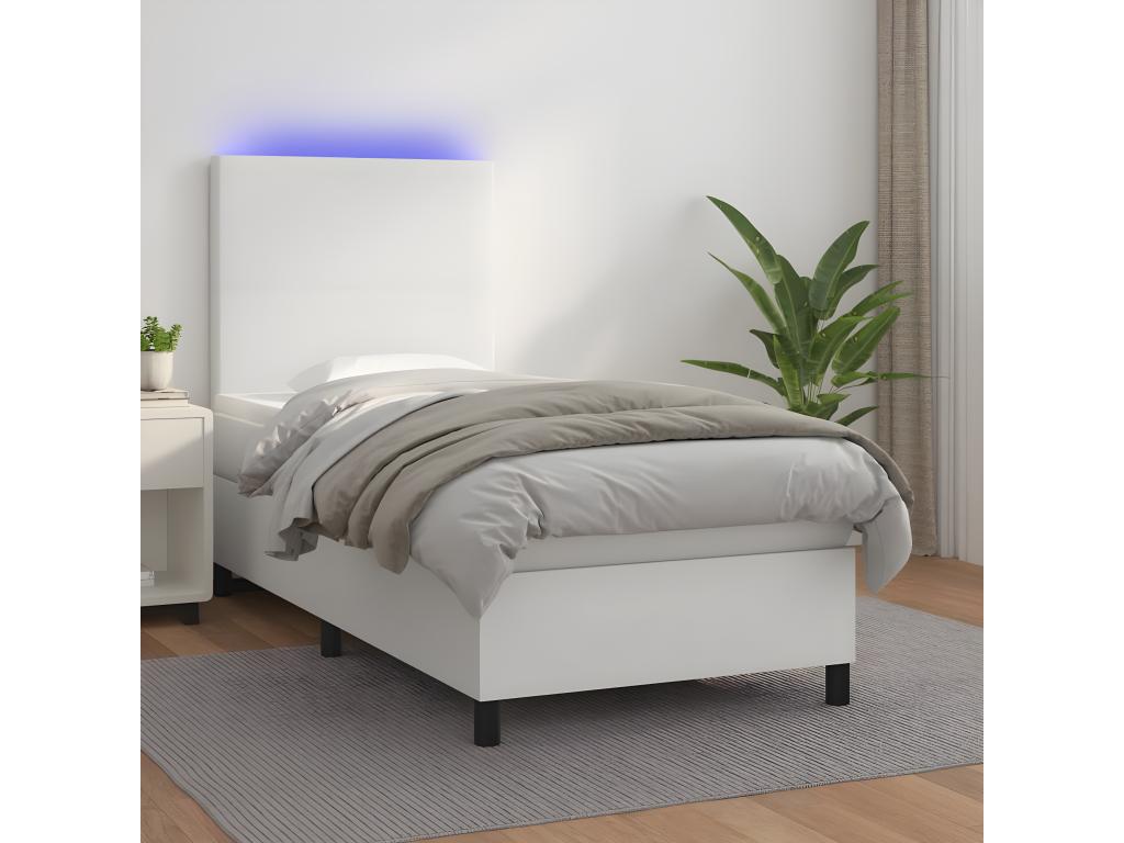 Upholstered bed base and mattress with LED lighting, white, 100x200 cm, faux leather