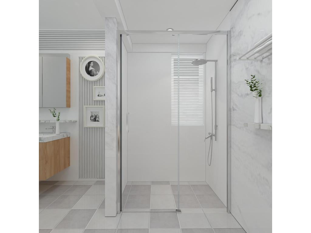 110cm wall-mounted shower screen with easy entry, featuring a fixed glass panel and a sliding panel, 200cm high