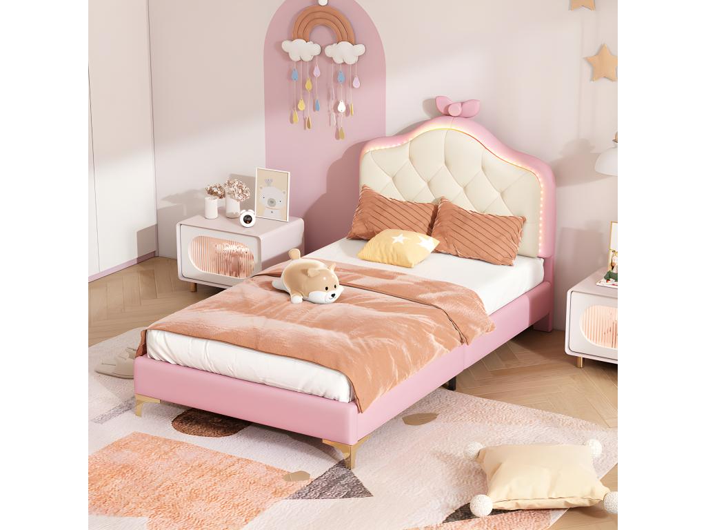 Upholstered children's bed with colorful LED lighting and bow on the headboard - in faux leather - 90x200cm - with slatted base by Meublita - Pink