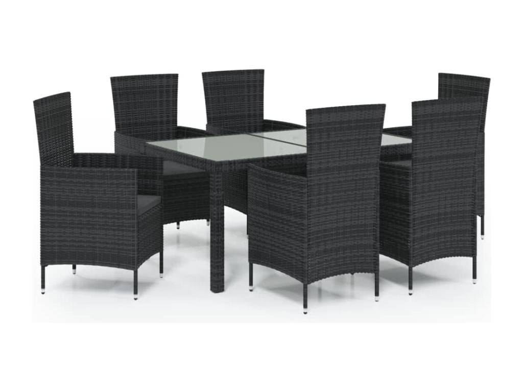 7-piece outdoor lounge set with cushions, black woven resin
