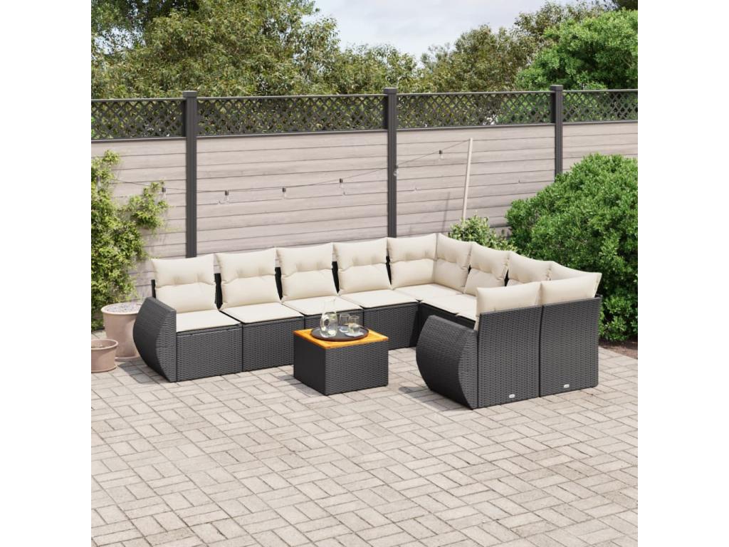 10-piece garden furniture set with cushions, black woven resin