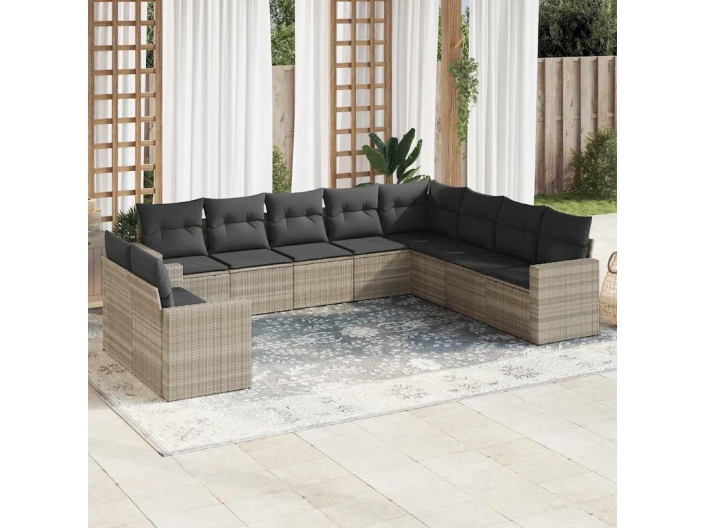 10-piece garden furniture set with cushions, light grey woven resin